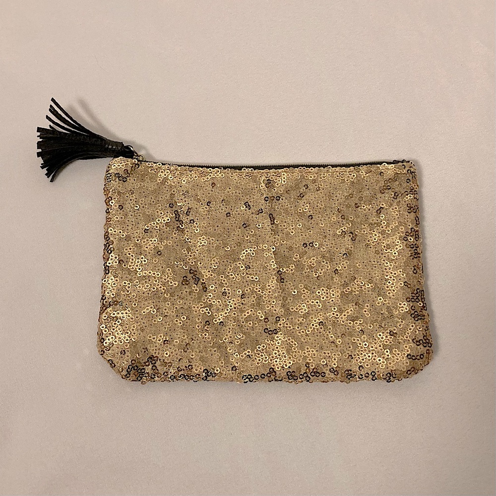 IPSY Gold Sequined Black Faux Leather Mini Cometic Bag